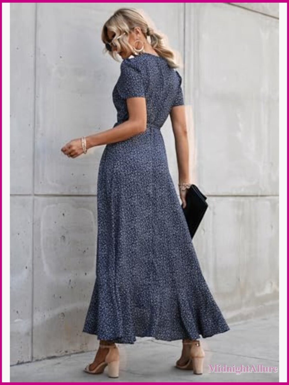 Boho Floral Wrap V Neck Maxi Dress Short Sleeve Flowy Beach Vacation - Picture 2 of 7